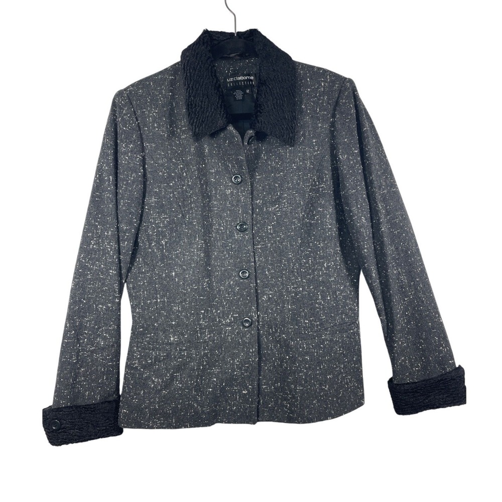 Liz Claiborne Collection Women 12 Black Tweed Blazer Jacket Textured Collar Cuff